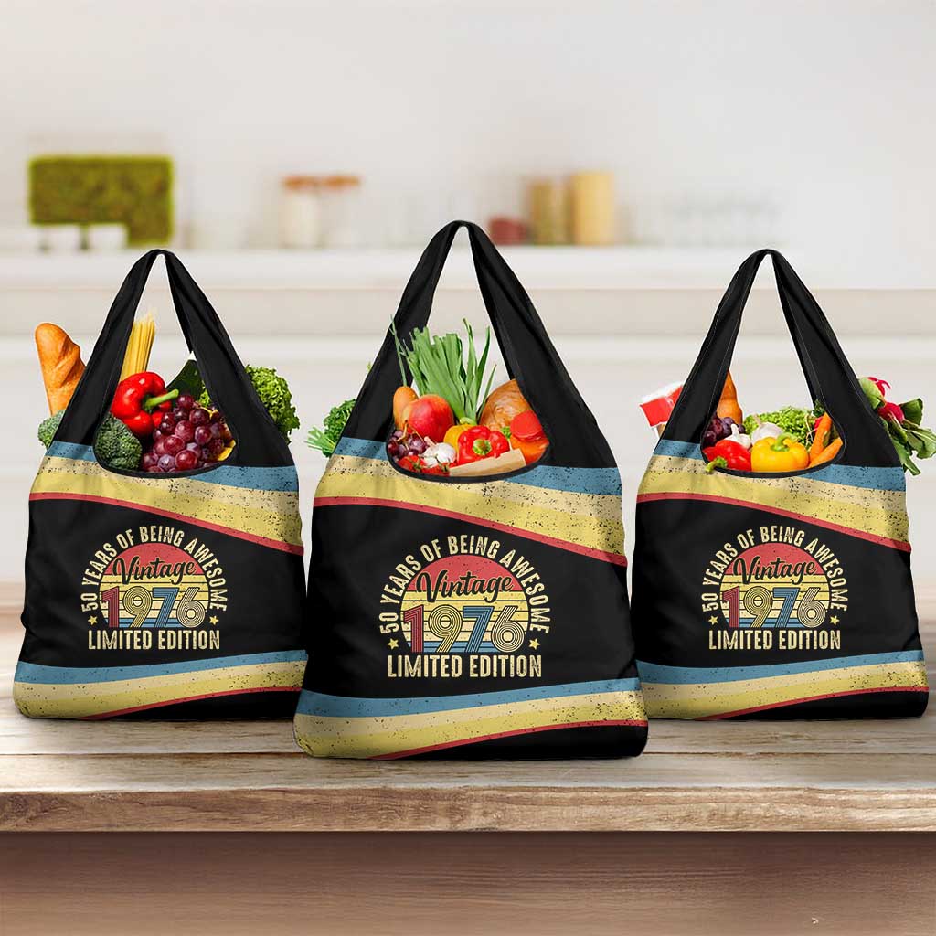 Vintage 1976 Birthday Celebration Grocery Bag 50th Birthday for Him - Retro Distressed Stripe Pattern
