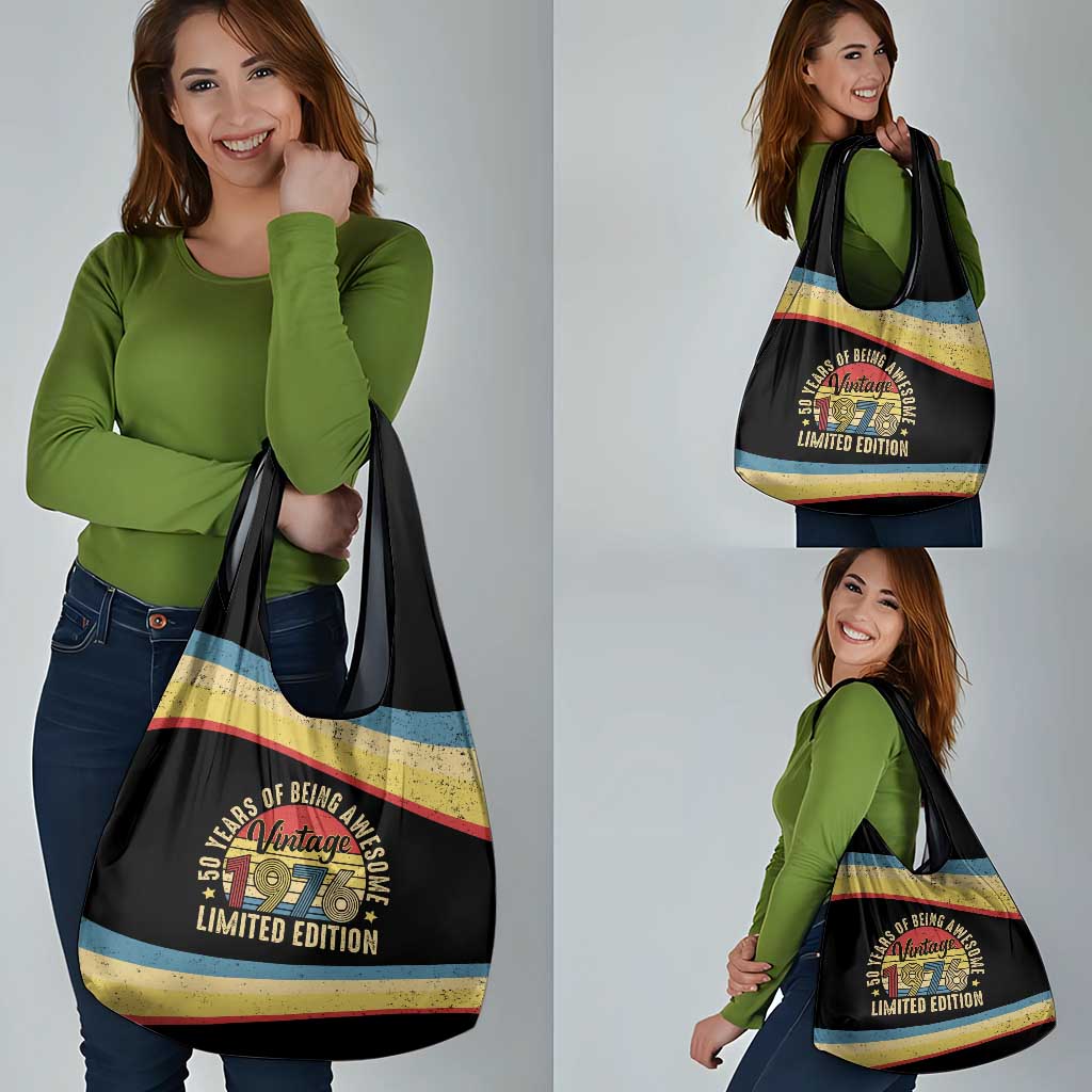 Vintage 1976 Birthday Celebration Grocery Bag 50th Birthday for Him - Retro Distressed Stripe Pattern