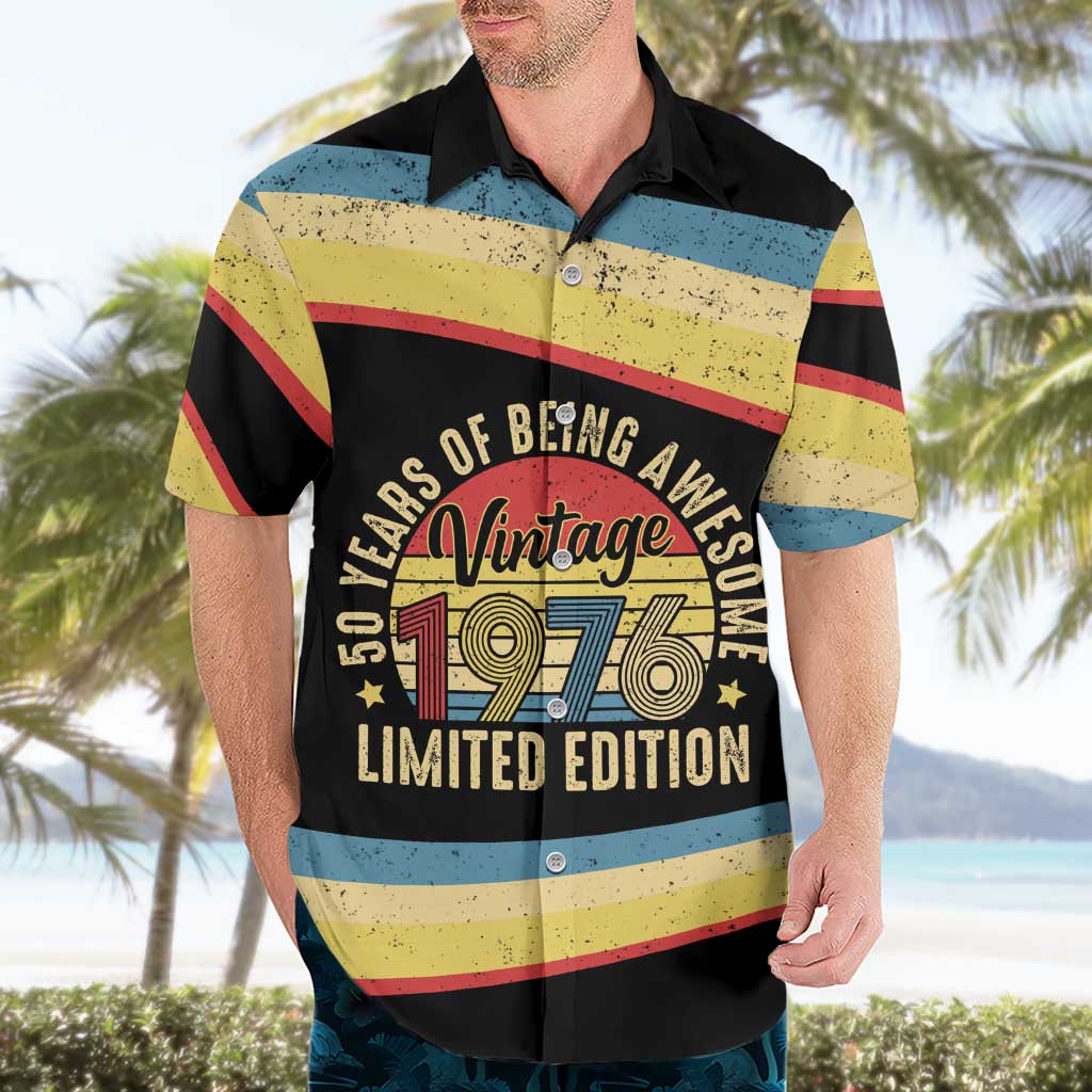 Vintage 1976 Birthday Celebration Hawaiian Shirt 50th Birthday for Him - Retro Distressed Stripe Pattern