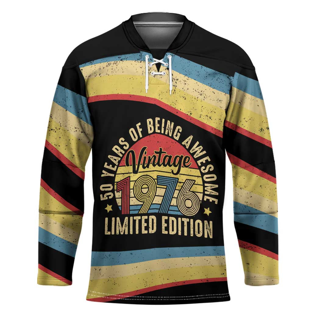 Vintage 1976 Birthday Celebration Hockey Jersey 50th Birthday for Him - Retro Distressed Stripe Pattern