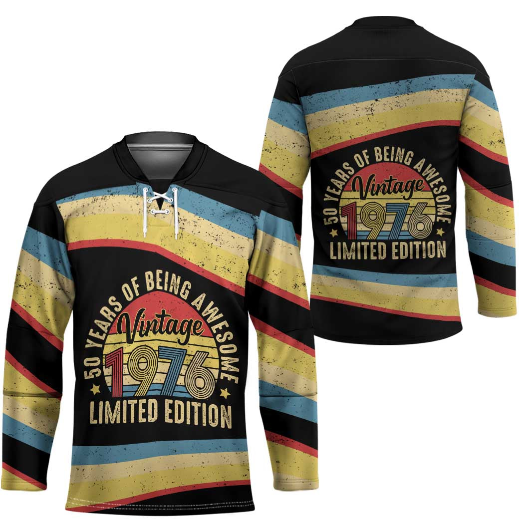 Vintage 1976 Birthday Celebration Hockey Jersey 50th Birthday for Him - Retro Distressed Stripe Pattern