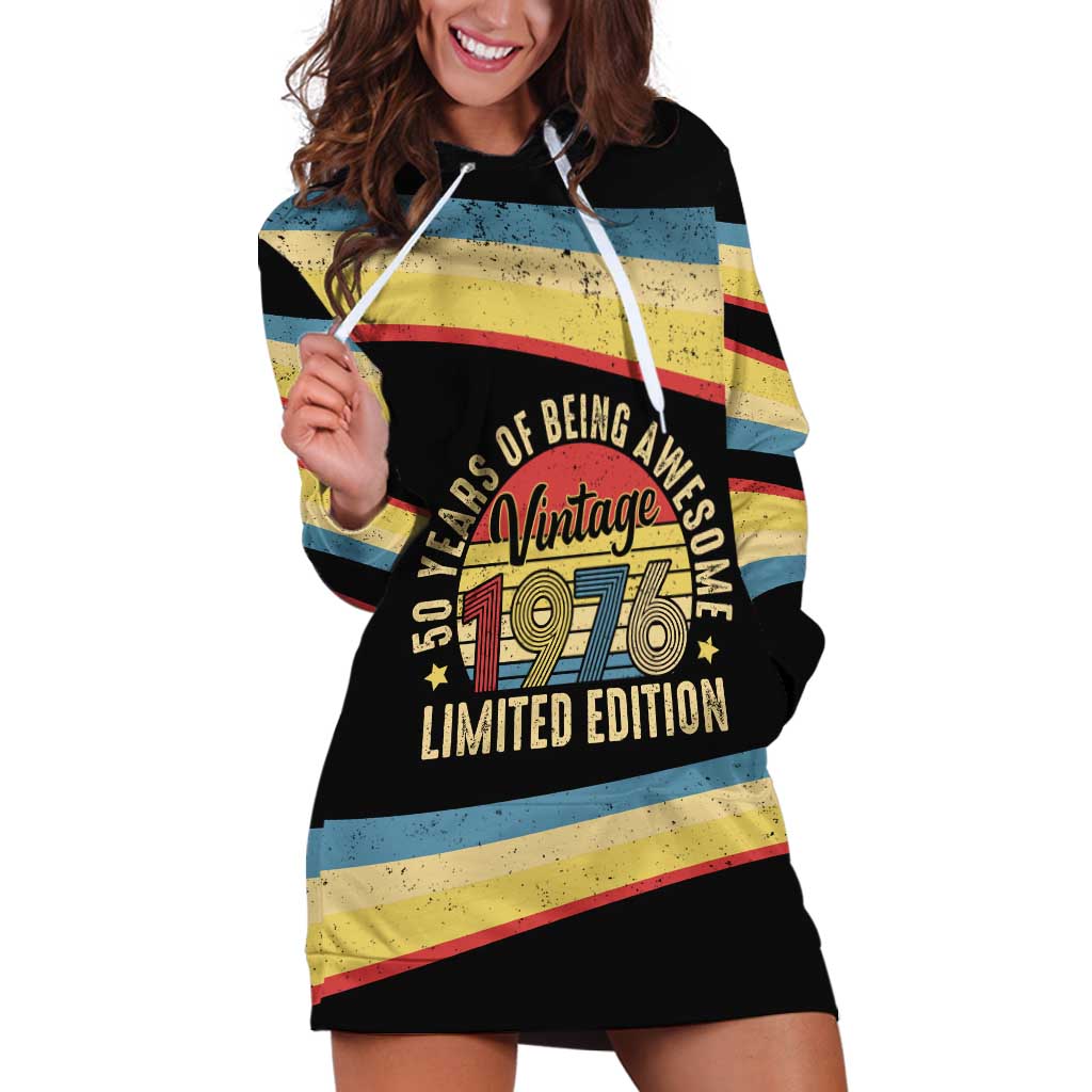 Vintage 1976 Birthday Celebration Hoodie Dress 50th Birthday for Him - Retro Distressed Stripe Pattern