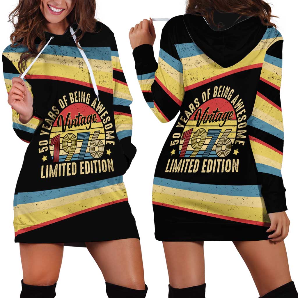 Vintage 1976 Birthday Celebration Hoodie Dress 50th Birthday for Him - Retro Distressed Stripe Pattern