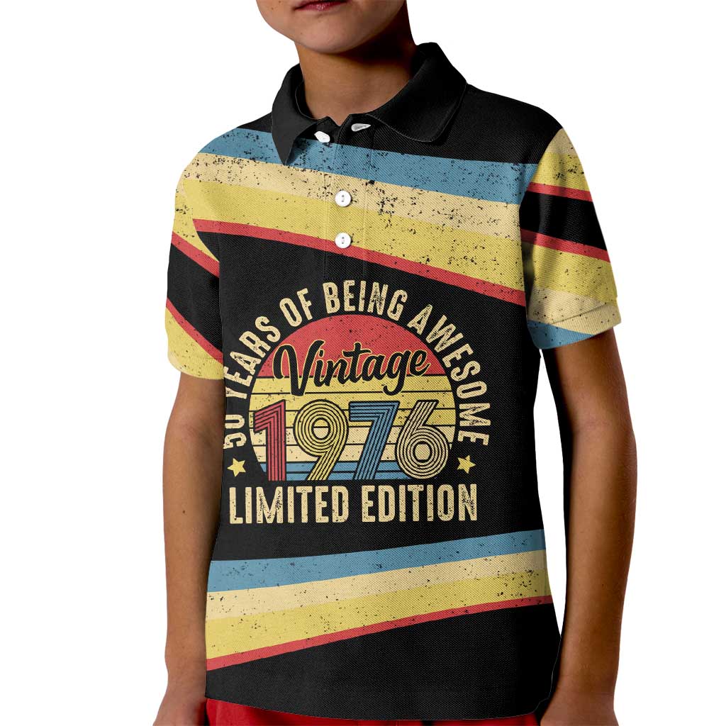 Vintage 1976 Birthday Celebration Kid Polo Shirt 50th Birthday for Him - Retro Distressed Stripe Pattern