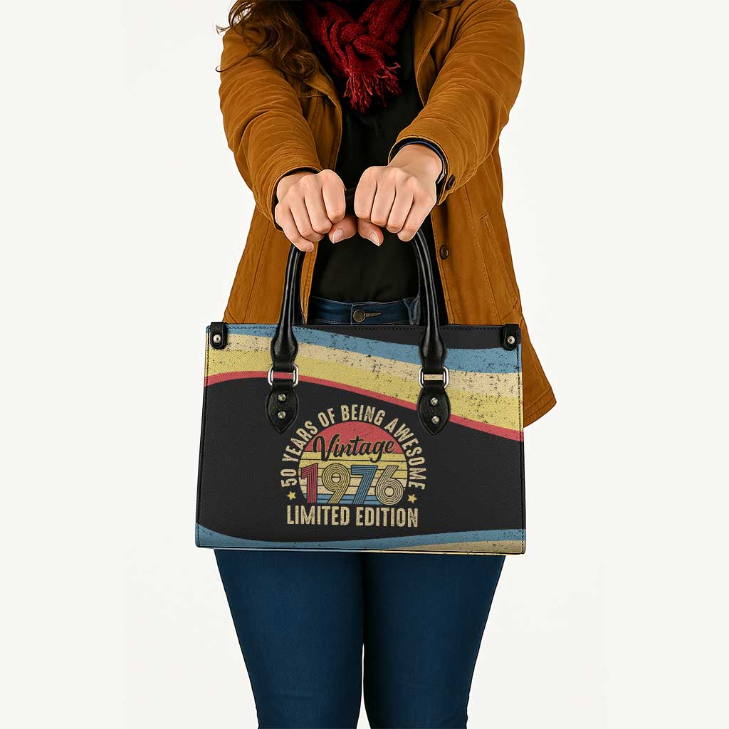 Vintage 1976 Birthday Celebration Leather Bag 50th Birthday for Him - Retro Distressed Stripe Pattern