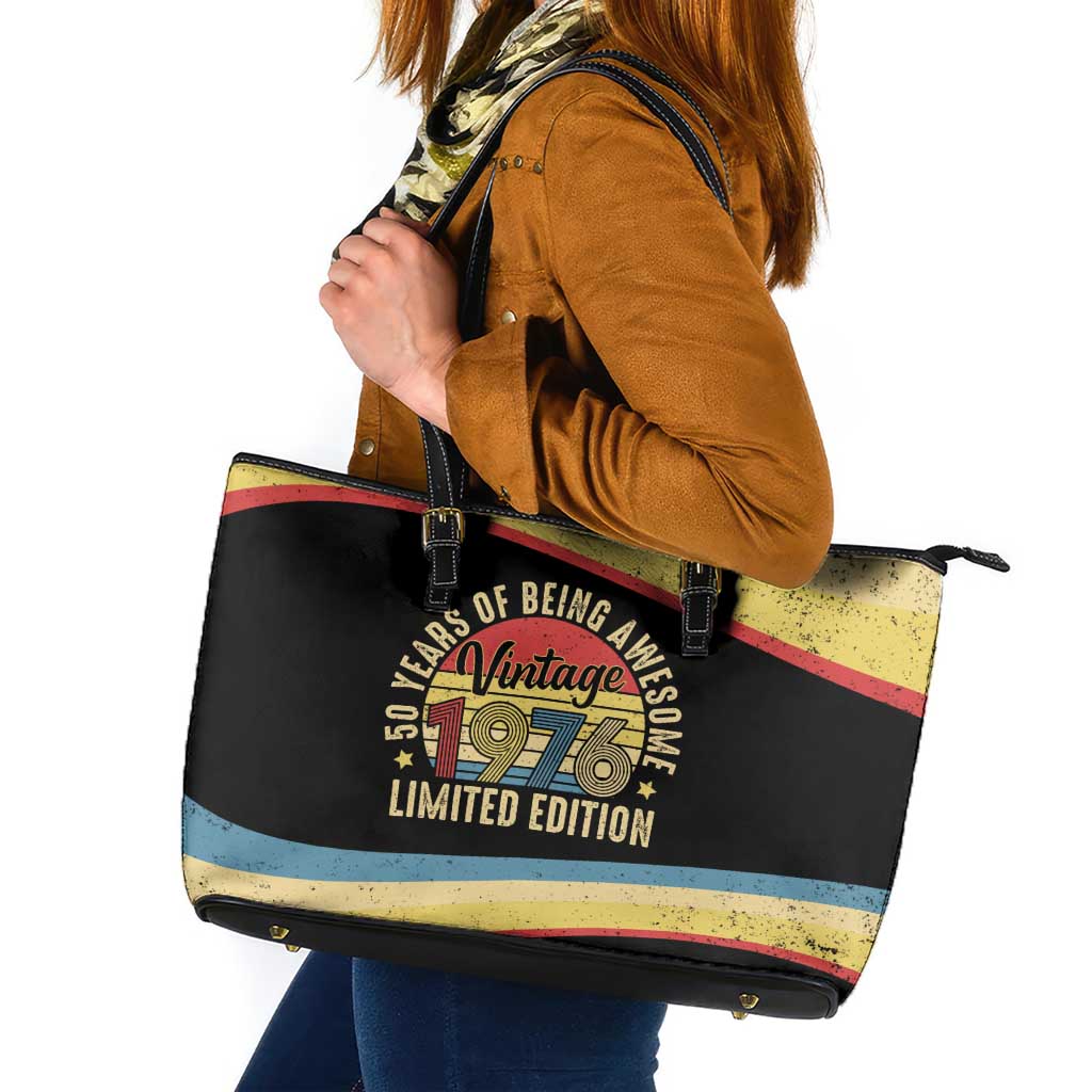 Vintage 1976 Birthday Celebration Leather Tote Bag 50th Birthday for Him - Retro Distressed Stripe Pattern