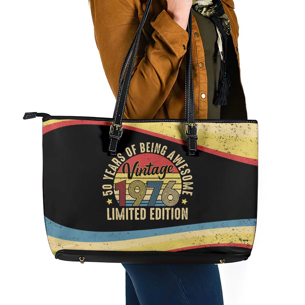 Vintage 1976 Birthday Celebration Leather Tote Bag 50th Birthday for Him - Retro Distressed Stripe Pattern