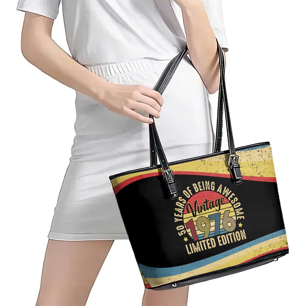 Vintage 1976 Birthday Celebration Leather Tote Bag 50th Birthday for Him - Retro Distressed Stripe Pattern
