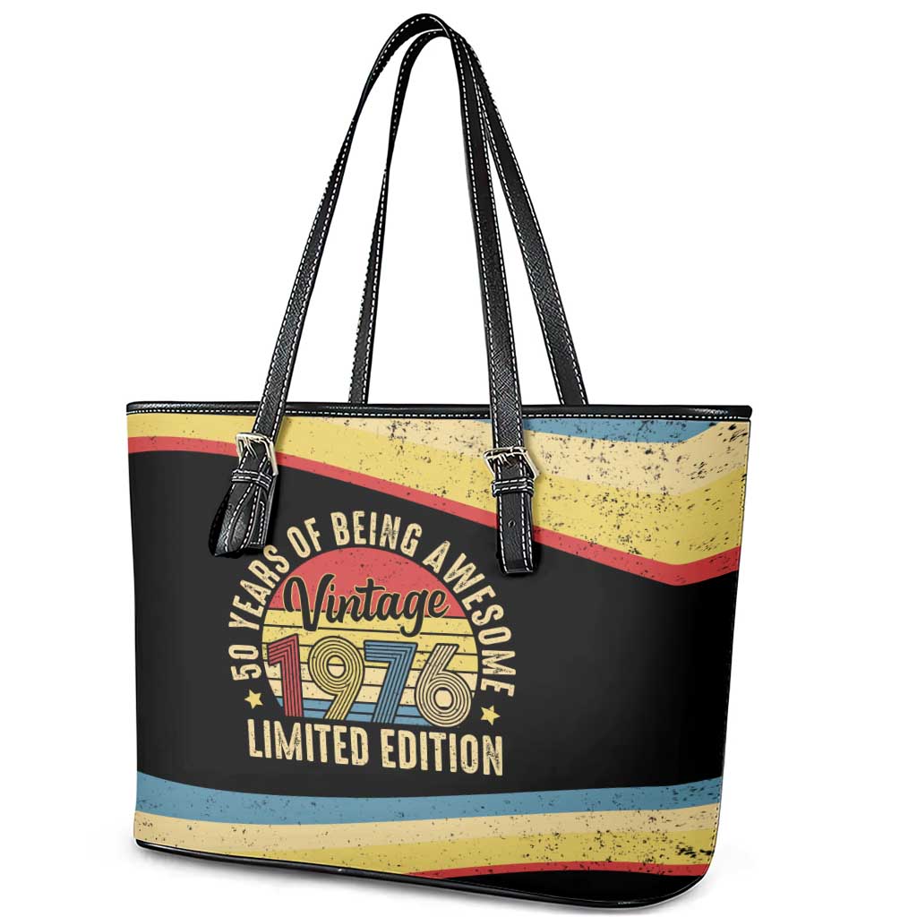 Vintage 1976 Birthday Celebration Leather Tote Bag 50th Birthday for Him - Retro Distressed Stripe Pattern