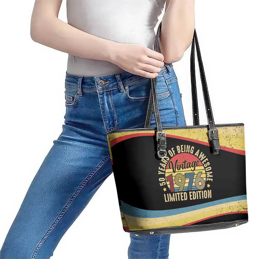 Vintage 1976 Birthday Celebration Leather Tote Bag 50th Birthday for Him - Retro Distressed Stripe Pattern