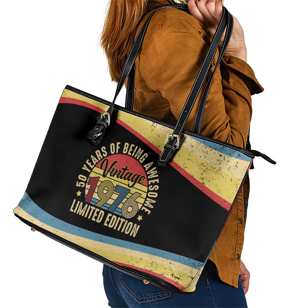 Vintage 1976 Birthday Celebration Leather Tote Bag 50th Birthday for Him - Retro Distressed Stripe Pattern