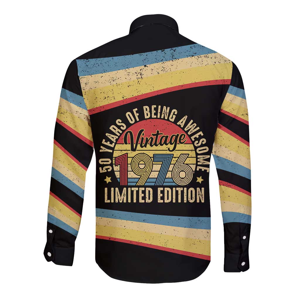 Vintage 1976 Birthday Celebration Long Sleeve Button Shirt 50th Birthday for Him - Retro Distressed Stripe Pattern