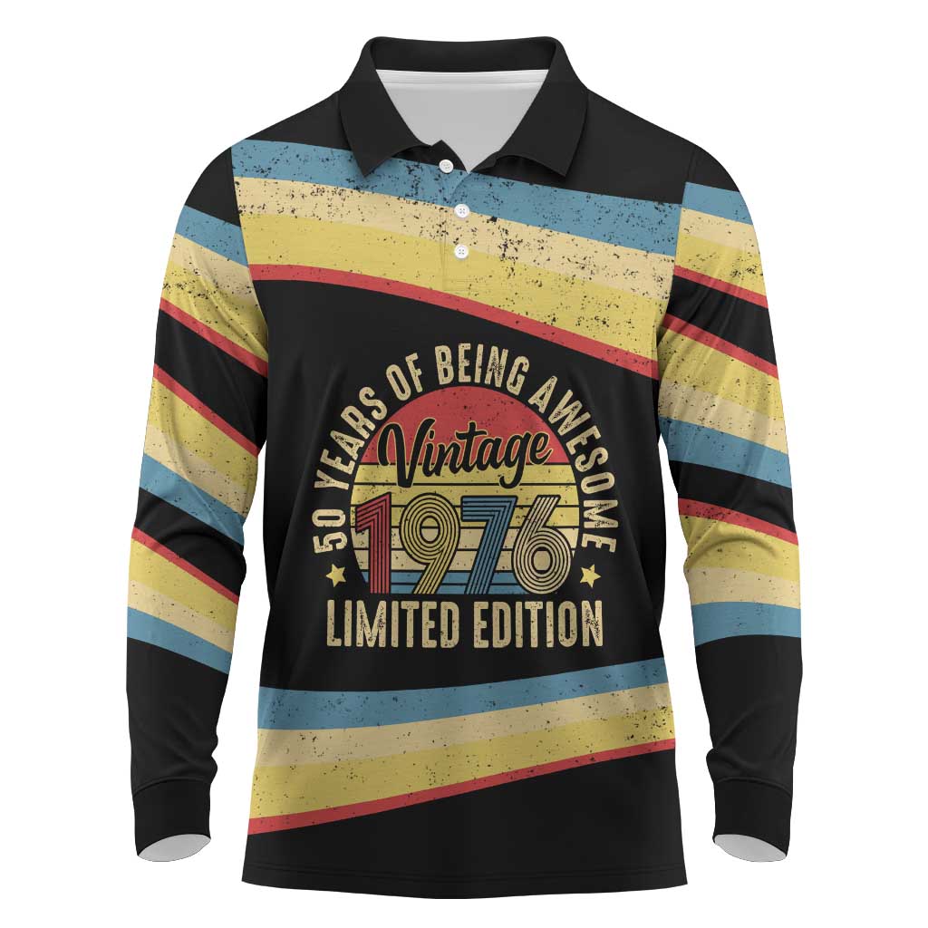 Vintage 1976 Birthday Celebration Long Sleeve Polo Shirt 50th Birthday for Him - Retro Distressed Stripe Pattern