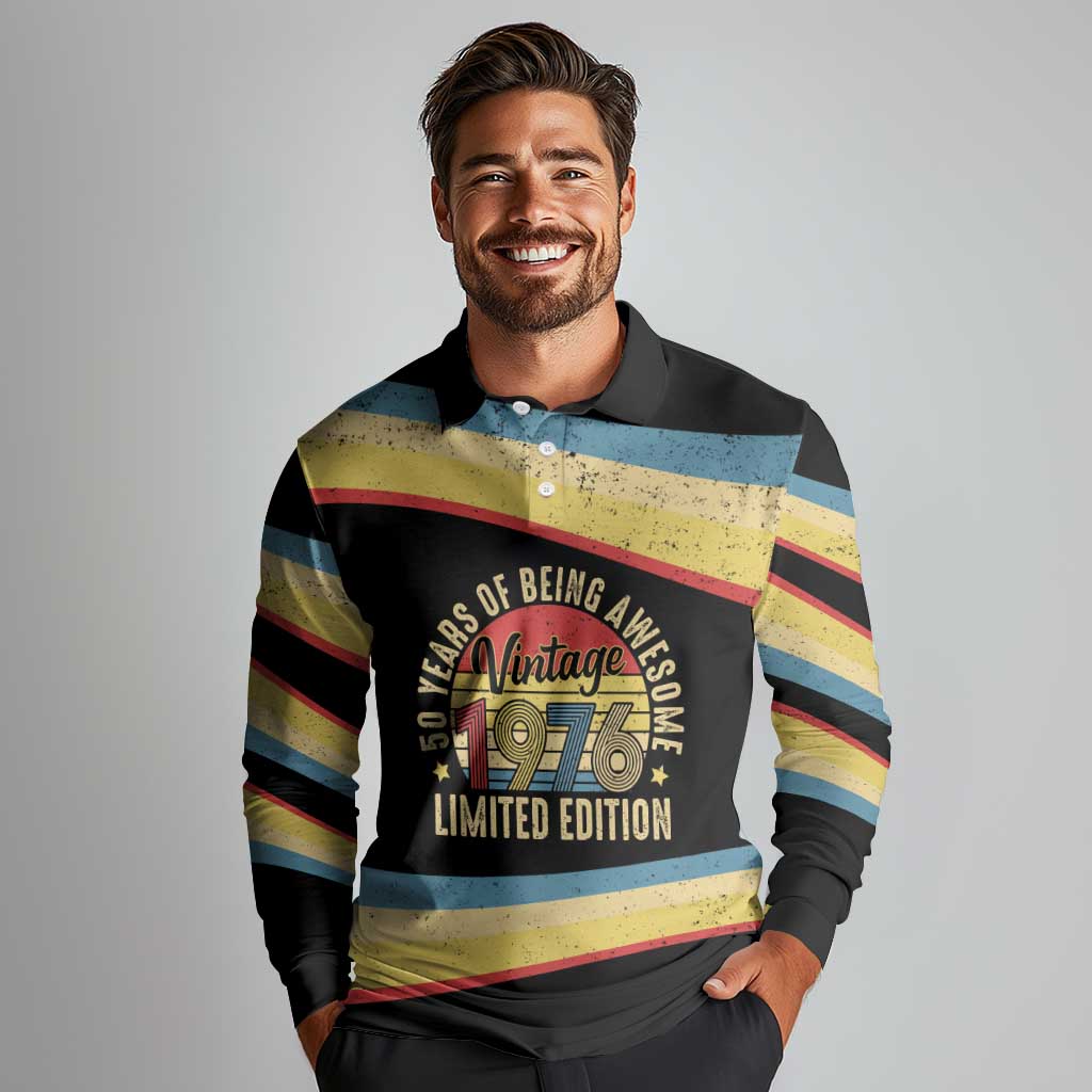 Vintage 1976 Birthday Celebration Long Sleeve Polo Shirt 50th Birthday for Him - Retro Distressed Stripe Pattern