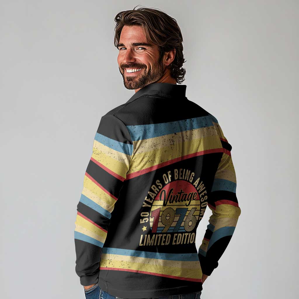 Vintage 1976 Birthday Celebration Long Sleeve Polo Shirt 50th Birthday for Him - Retro Distressed Stripe Pattern
