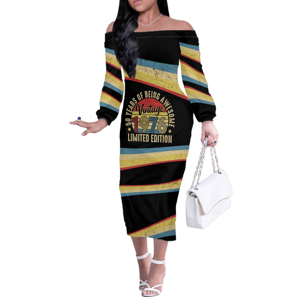 Vintage 1976 Birthday Celebration Off The Shoulder Long Sleeve Dress 50th Birthday for Him - Retro Distressed Stripe Pattern