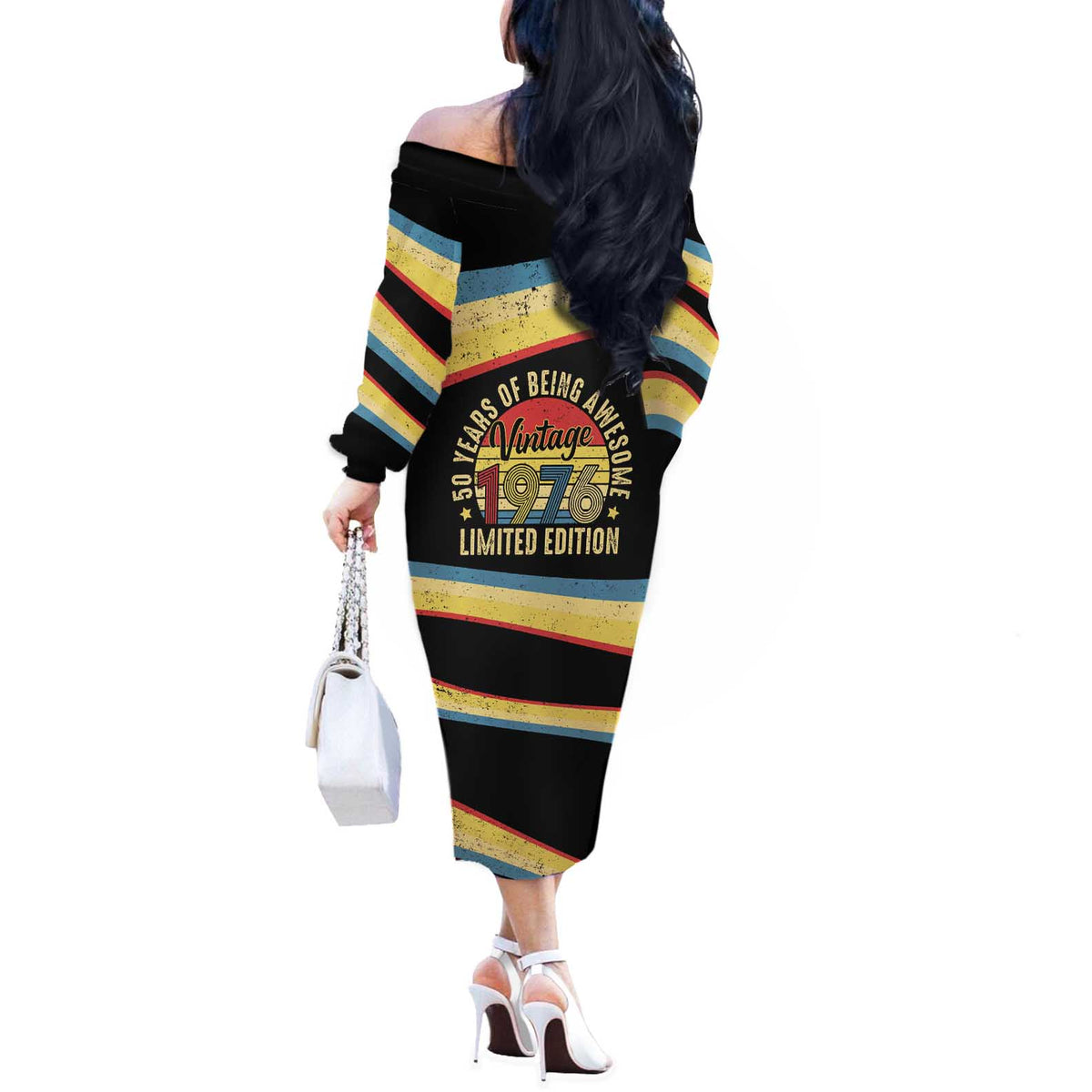 Vintage 1976 Birthday Celebration Off The Shoulder Long Sleeve Dress 50th Birthday for Him - Retro Distressed Stripe Pattern