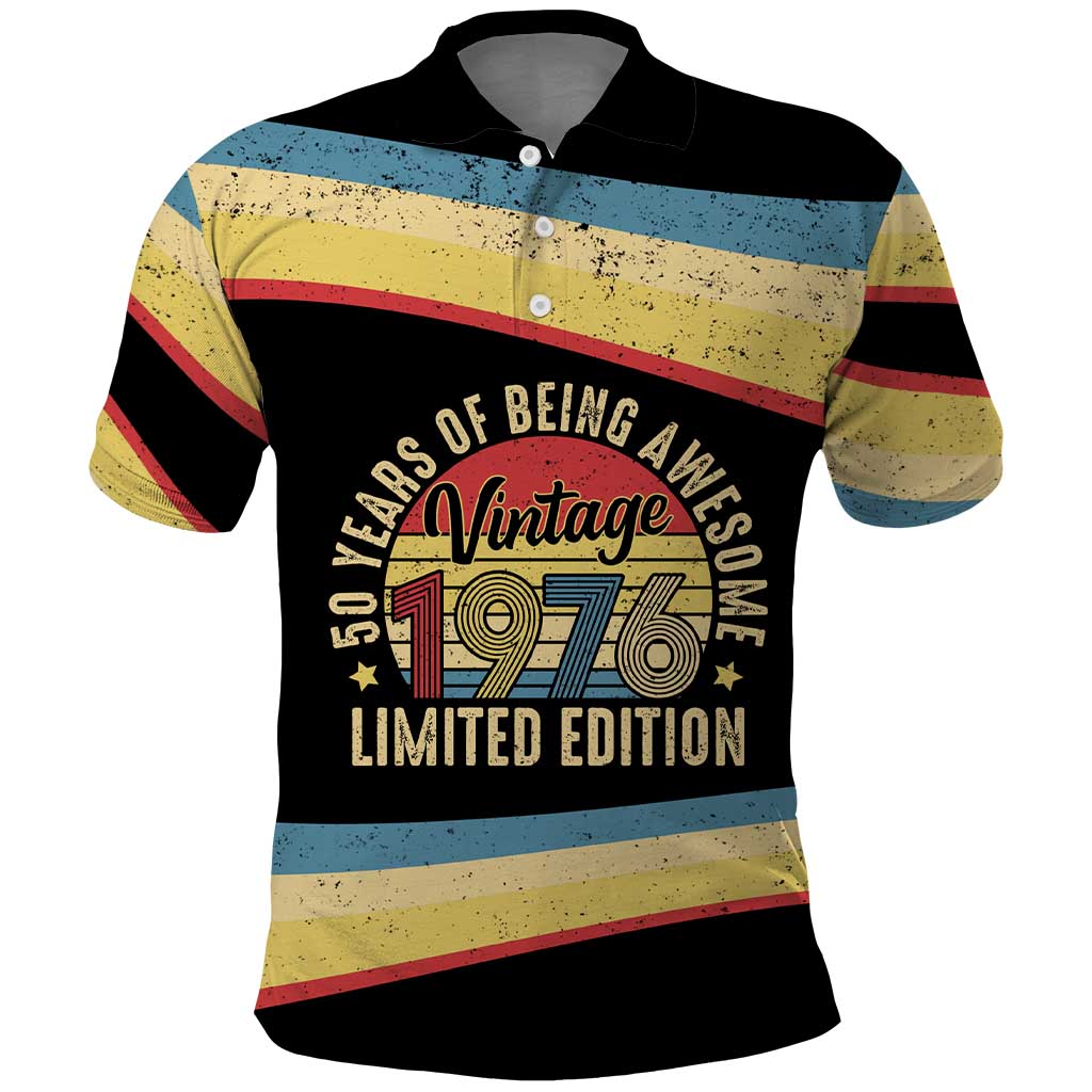 Vintage 1976 Birthday Celebration Polo Shirt 50th Birthday for Him - Retro Distressed Stripe Pattern