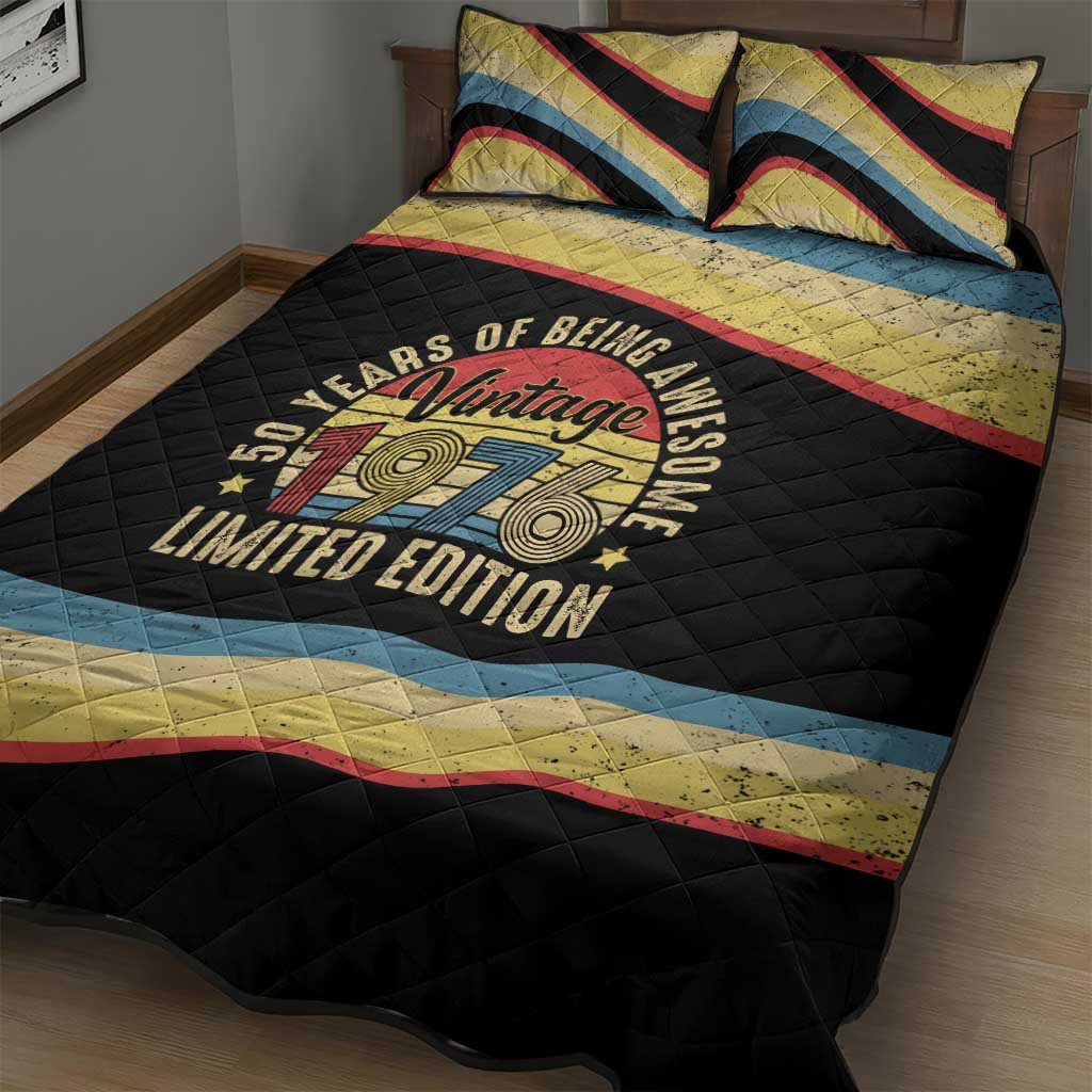 Vintage 1976 Birthday Celebration Quilt Bed Set 50th Birthday for Him - Retro Distressed Stripe Pattern
