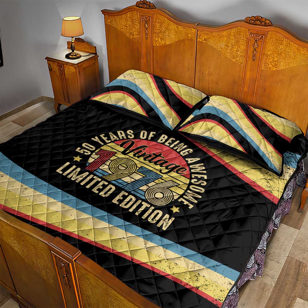 Vintage 1976 Birthday Celebration Quilt Bed Set 50th Birthday for Him - Retro Distressed Stripe Pattern