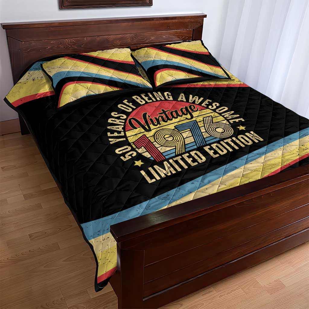 Vintage 1976 Birthday Celebration Quilt Bed Set 50th Birthday for Him - Retro Distressed Stripe Pattern