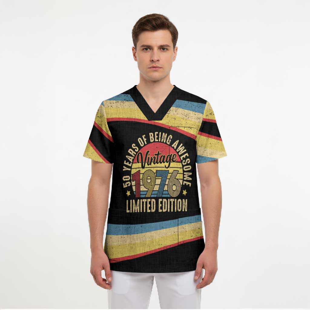 Vintage 1976 Birthday Celebration Scrub Top 50th Birthday for Him - Retro Distressed Stripe Pattern