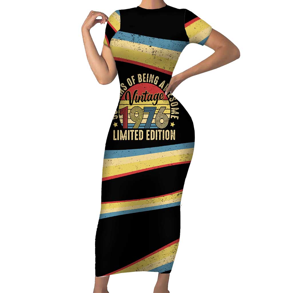 Vintage 1976 Birthday Celebration Short Sleeve Bodycon Dress 50th Birthday for Him - Retro Distressed Stripe Pattern