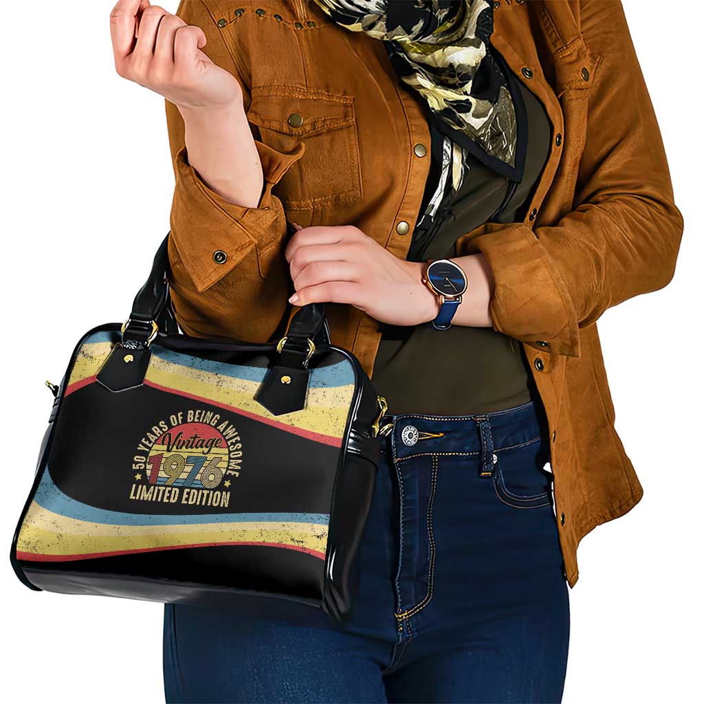 Vintage 1976 Birthday Celebration Shoulder Handbag 50th Birthday for Him - Retro Distressed Stripe Pattern