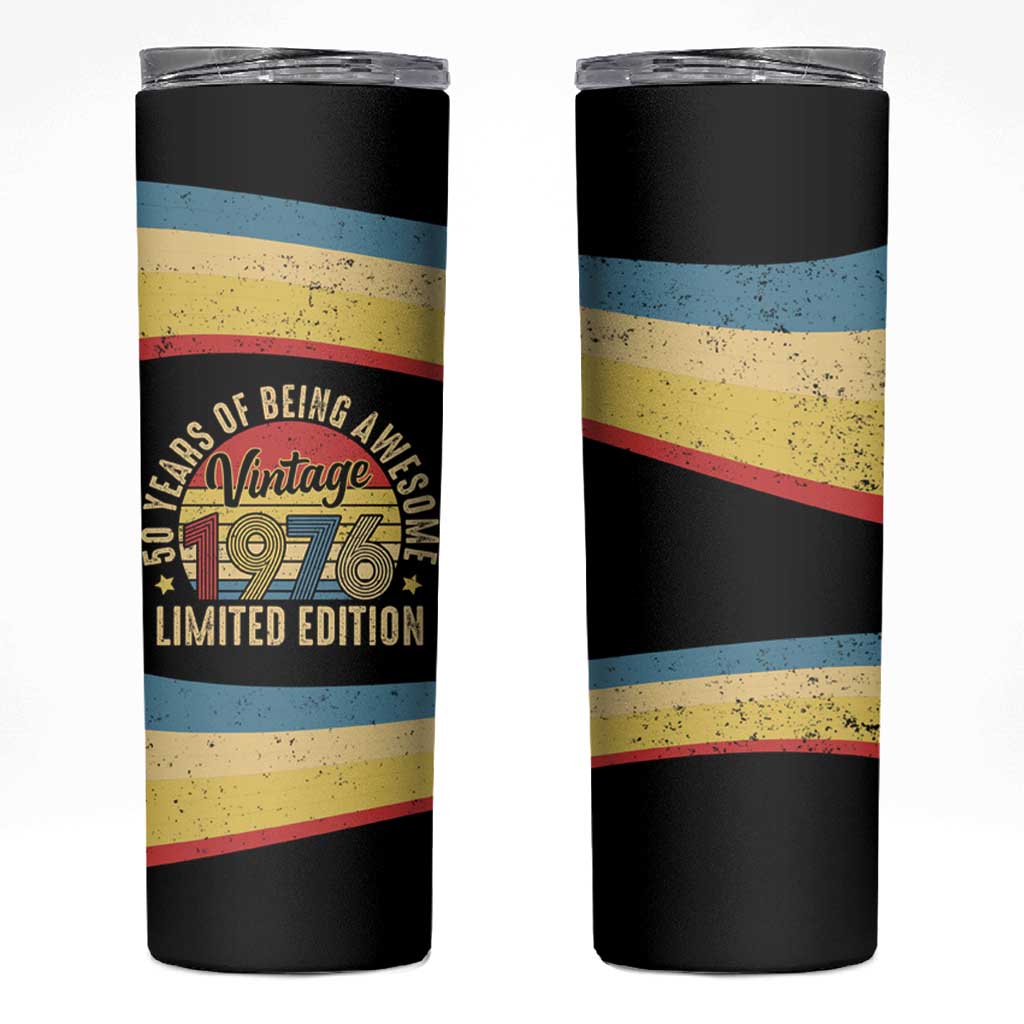 Vintage 1976 Birthday Celebration Skinny Tumbler 50th Birthday for Him - Retro Distressed Stripe Pattern