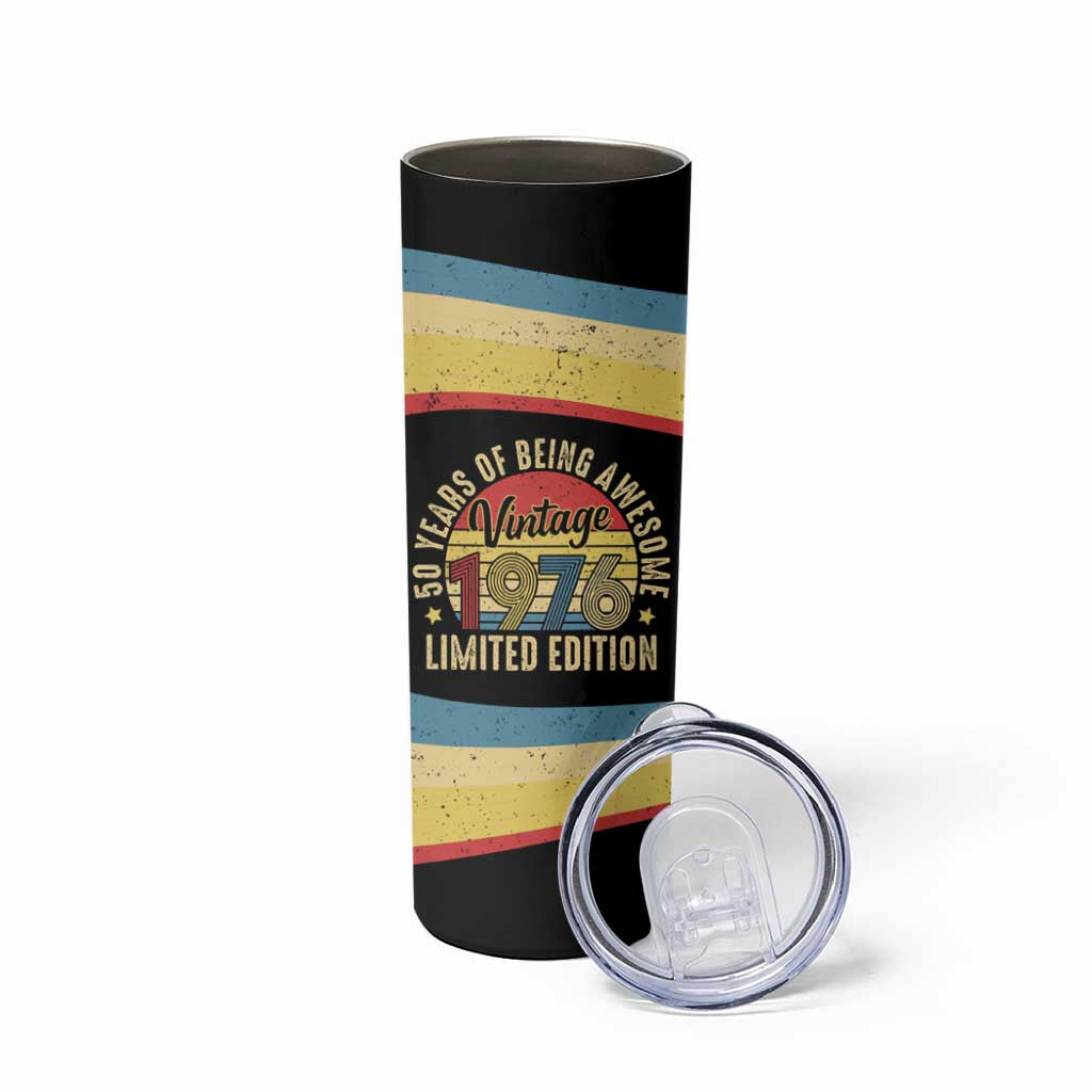 Vintage 1976 Birthday Celebration Skinny Tumbler 50th Birthday for Him - Retro Distressed Stripe Pattern