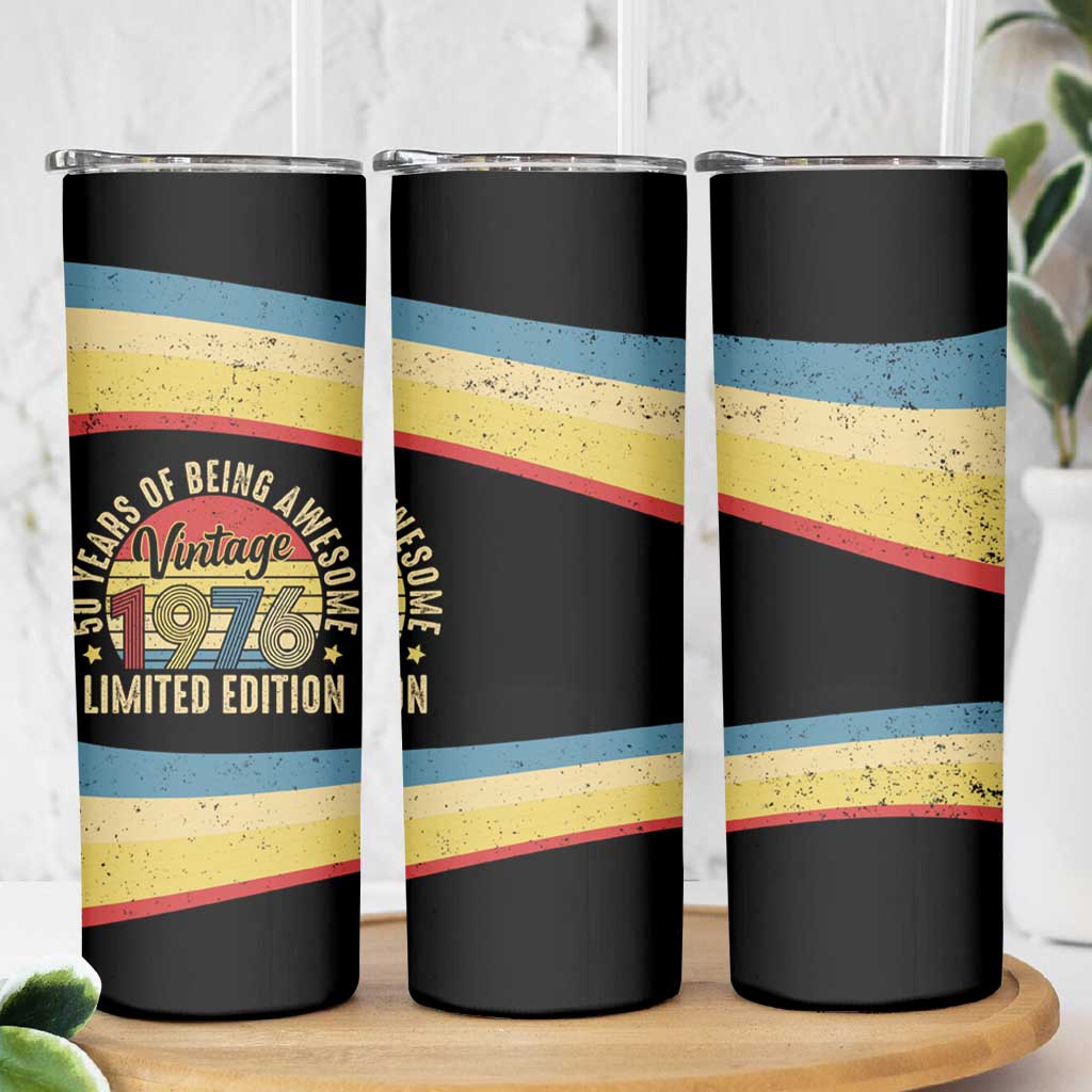 Vintage 1976 Birthday Celebration Skinny Tumbler 50th Birthday for Him - Retro Distressed Stripe Pattern