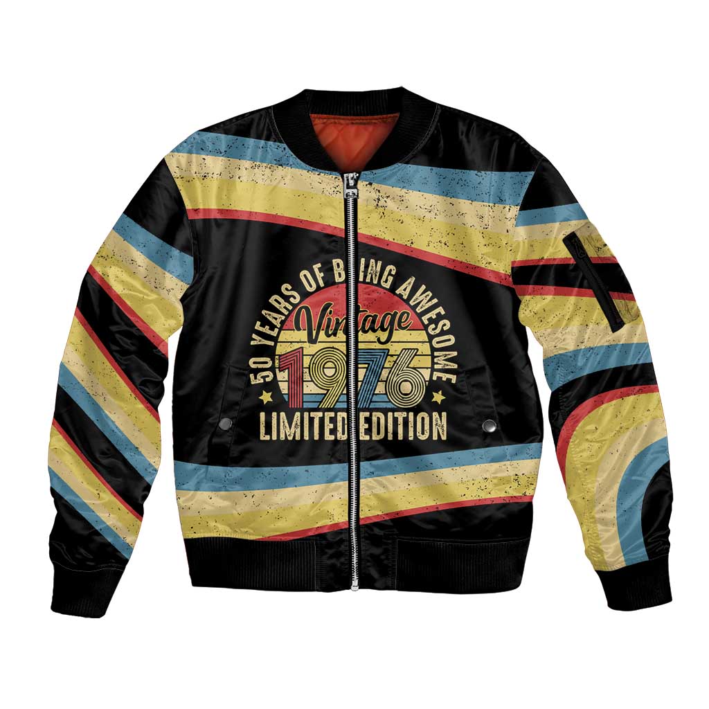 Vintage 1976 Birthday Celebration Sleeve Zip Bomber Jacket 50th Birthday for Him - Retro Distressed Stripe Pattern