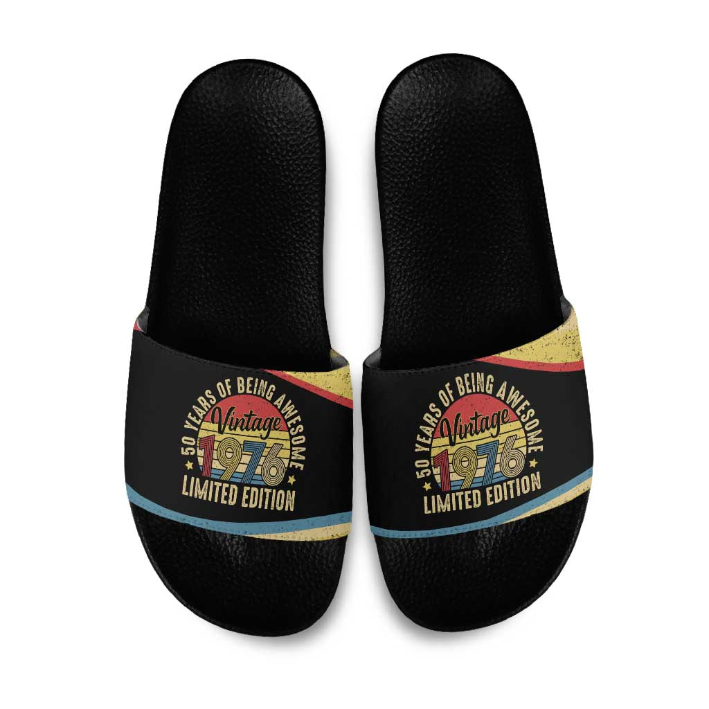 Vintage 1976 Birthday Celebration Slide Sandals 50th Birthday for Him - Retro Distressed Stripe Pattern