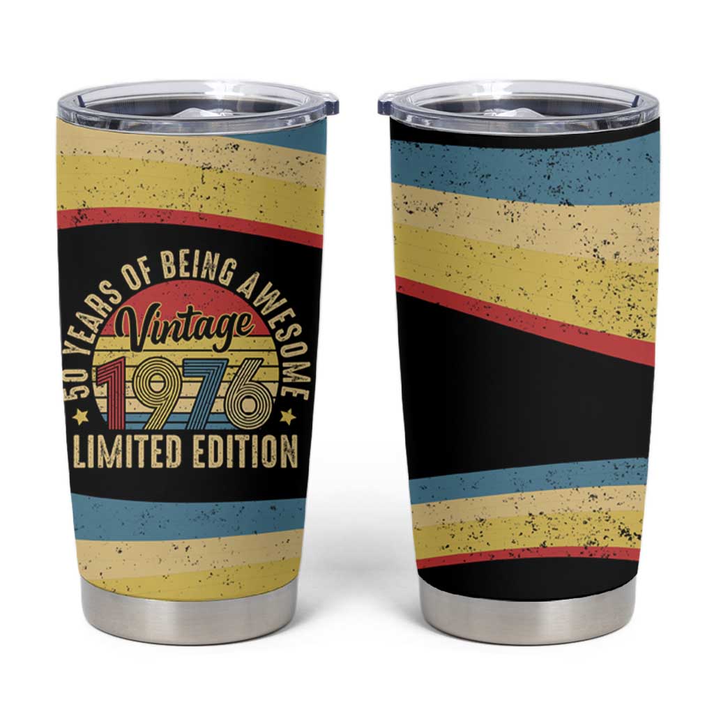 Vintage 1976 Birthday Celebration Tumbler Cup 50th Birthday for Him - Retro Distressed Stripe Pattern