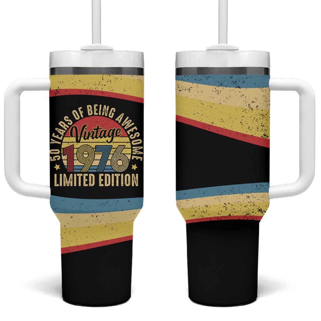 Vintage 1976 Birthday Celebration Tumbler With Handle 50th Birthday for Him - Retro Distressed Stripe Pattern