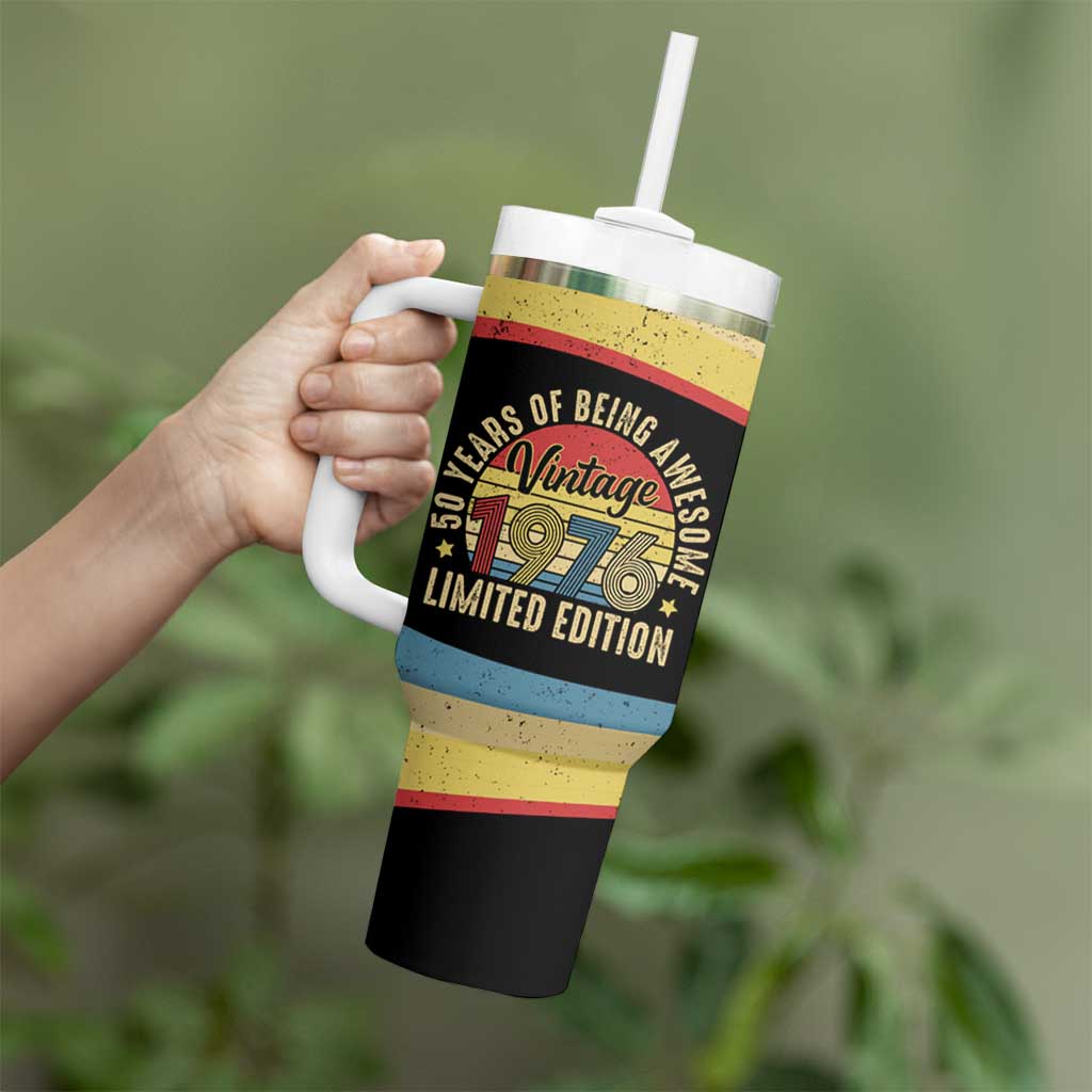 Vintage 1976 Birthday Celebration Tumbler With Handle 50th Birthday for Him - Retro Distressed Stripe Pattern