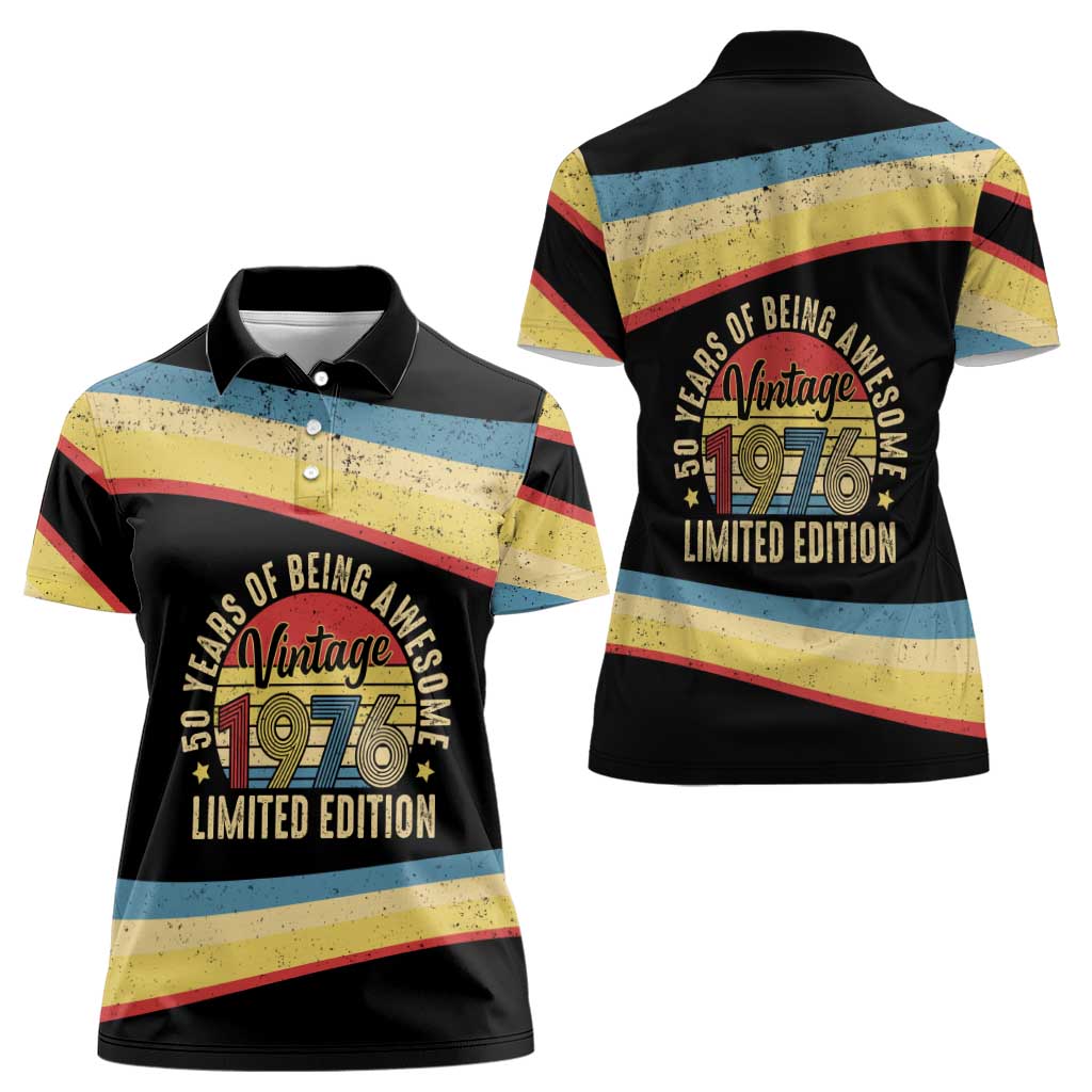 Vintage 1976 Birthday Celebration Women Polo Shirt 50th Birthday for Him - Retro Distressed Stripe Pattern