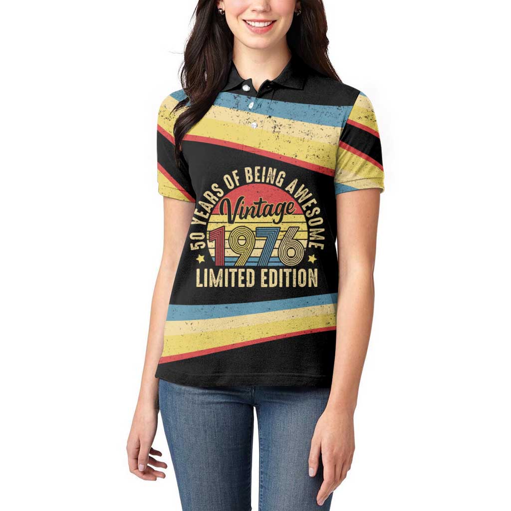 Vintage 1976 Birthday Celebration Women Polo Shirt 50th Birthday for Him - Retro Distressed Stripe Pattern