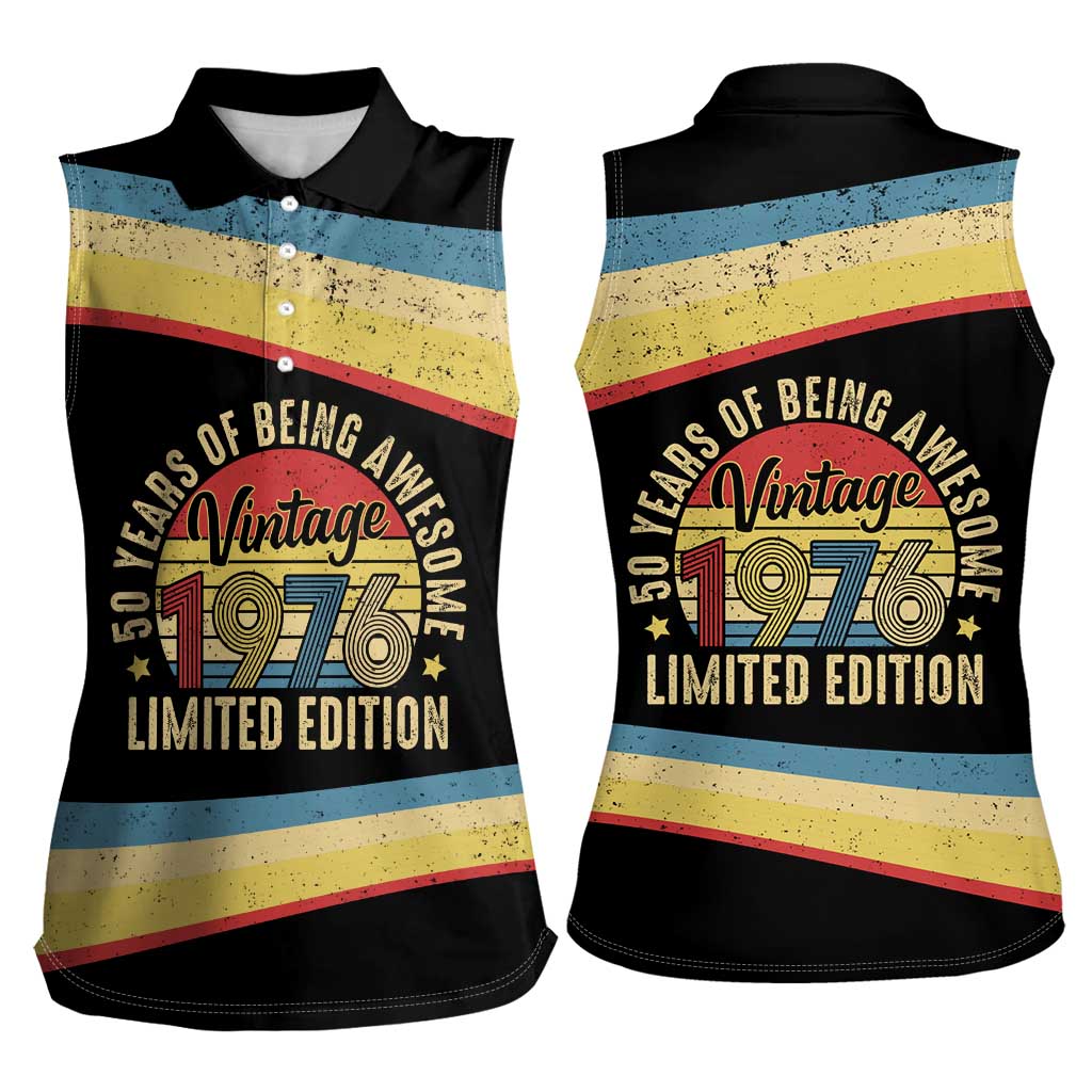 Vintage 1976 Birthday Celebration Women Sleeveless Polo Shirt 50th Birthday for Him - Retro Distressed Stripe Pattern