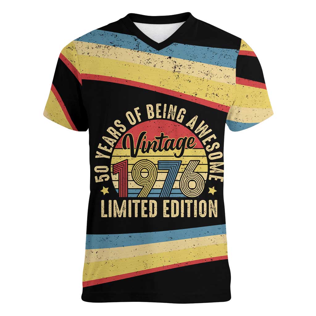 Vintage 1976 Birthday Celebration Women V-Neck T-Shirt 50th Birthday for Him - Retro Distressed Stripe Pattern