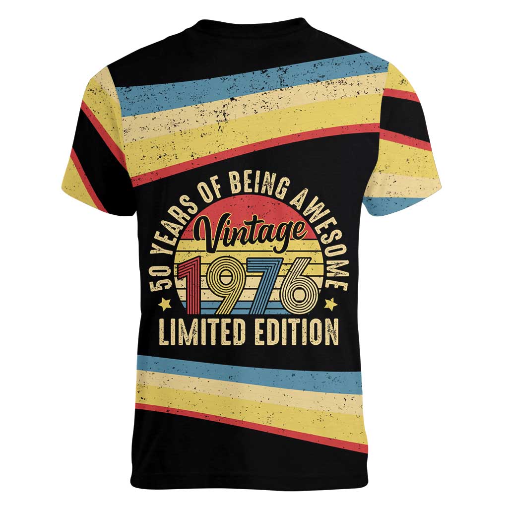 Vintage 1976 Birthday Celebration Women V-Neck T-Shirt 50th Birthday for Him - Retro Distressed Stripe Pattern