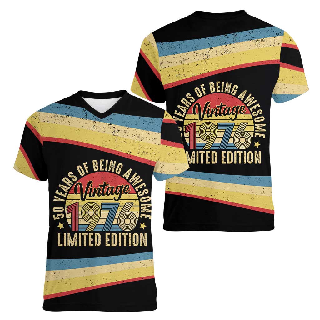 Vintage 1976 Birthday Celebration Women V-Neck T-Shirt 50th Birthday for Him - Retro Distressed Stripe Pattern