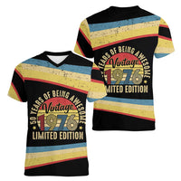 Vintage 1976 Birthday Celebration Women V-Neck T-Shirt 50th Birthday for Him - Retro Distressed Stripe Pattern