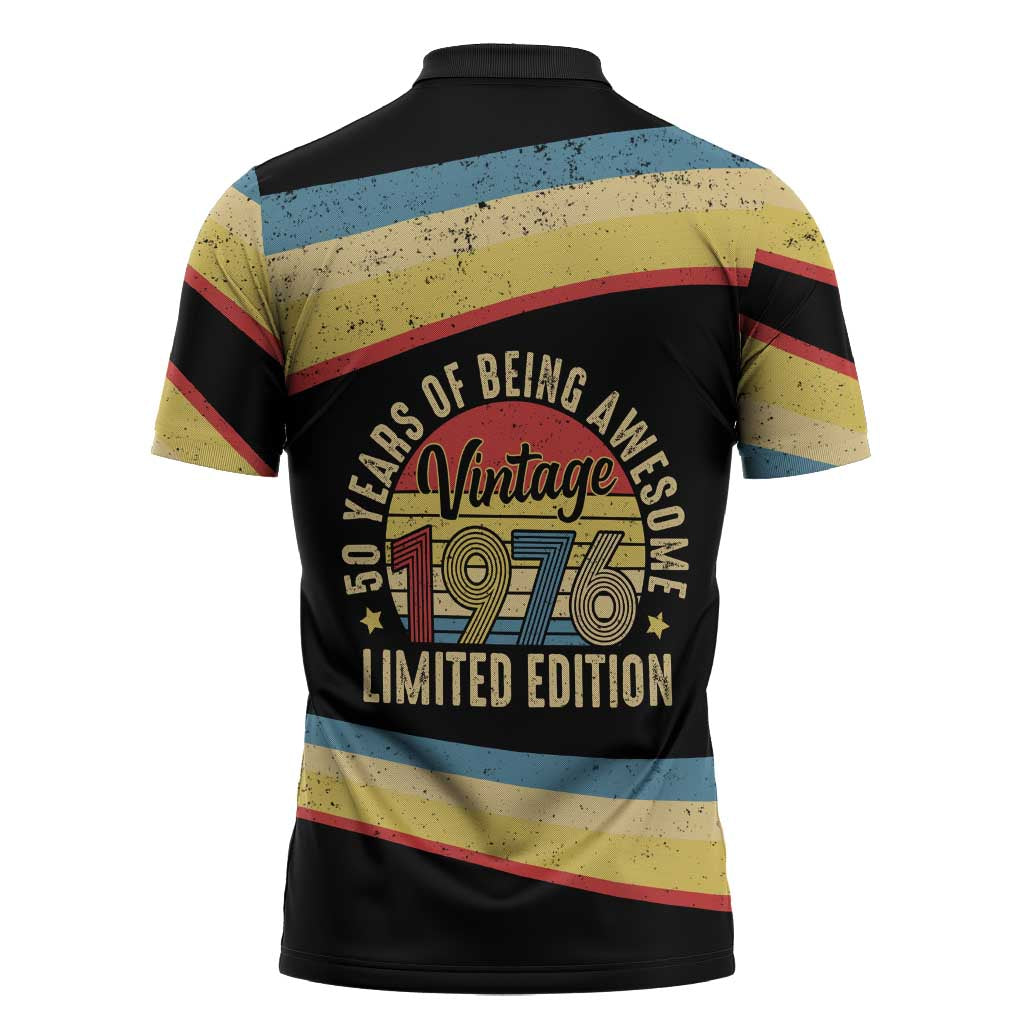 Vintage 1976 Birthday Celebration Zipper Polo Shirt 50th Birthday for Him - Retro Distressed Stripe Pattern