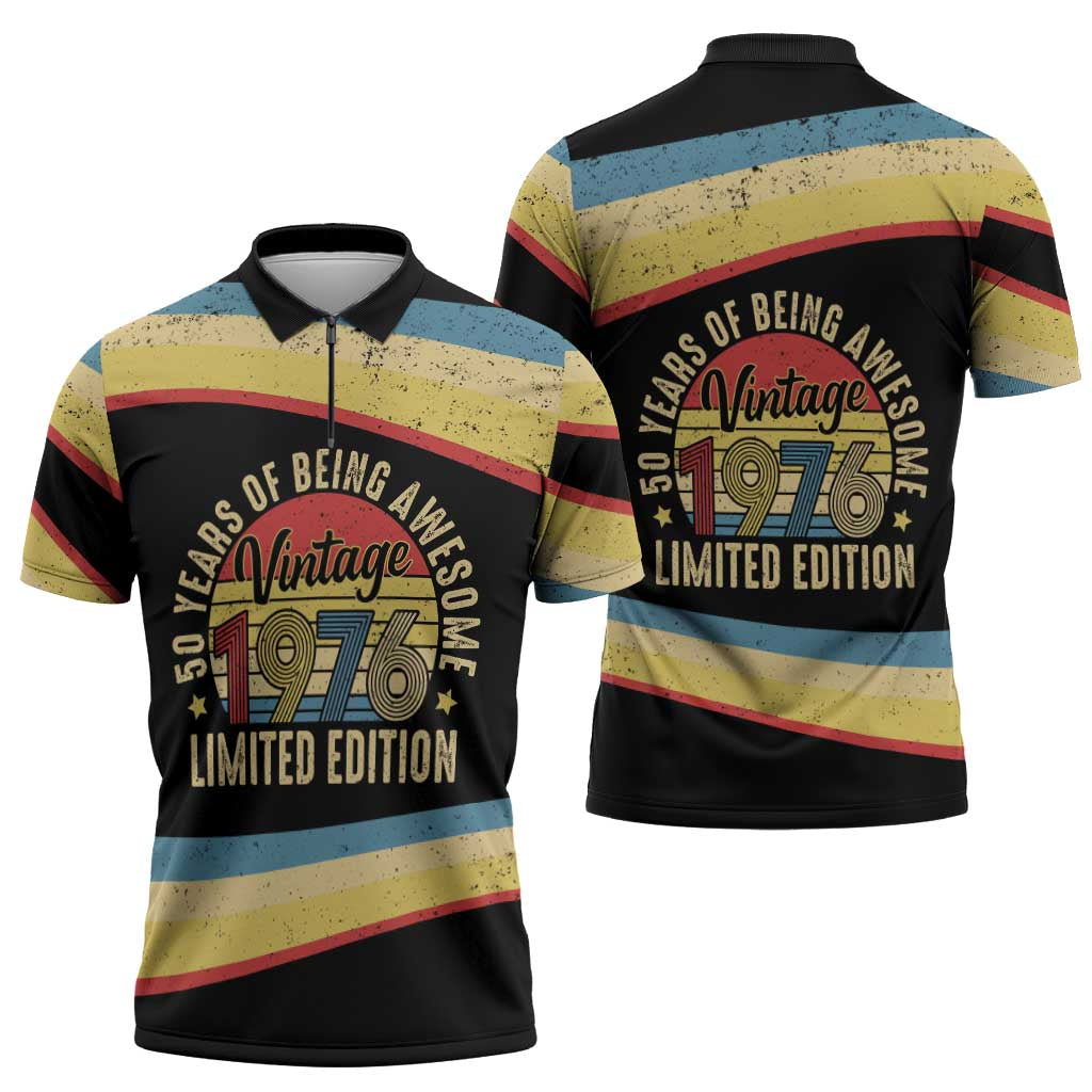 Vintage 1976 Birthday Celebration Zipper Polo Shirt 50th Birthday for Him - Retro Distressed Stripe Pattern