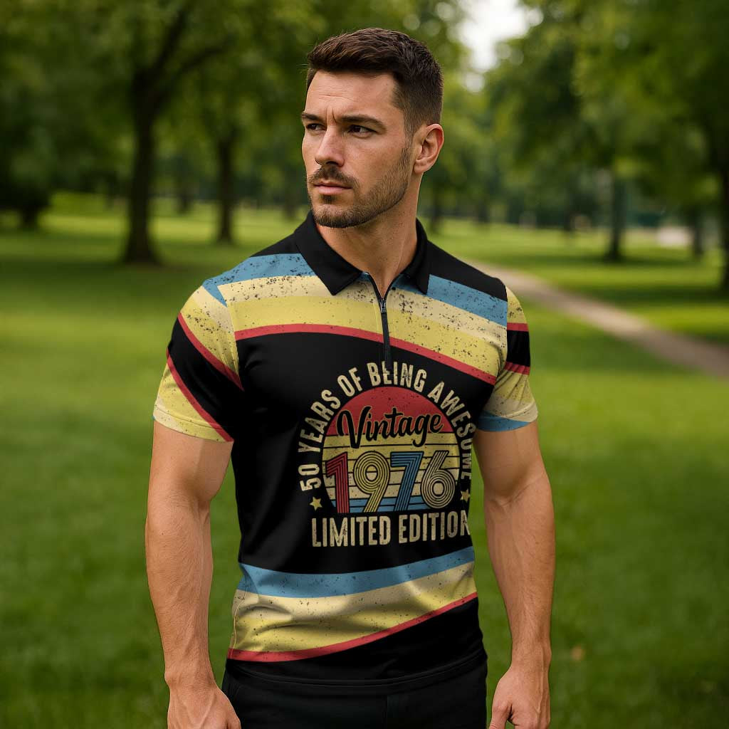 Vintage 1976 Birthday Celebration Zipper Polo Shirt 50th Birthday for Him - Retro Distressed Stripe Pattern
