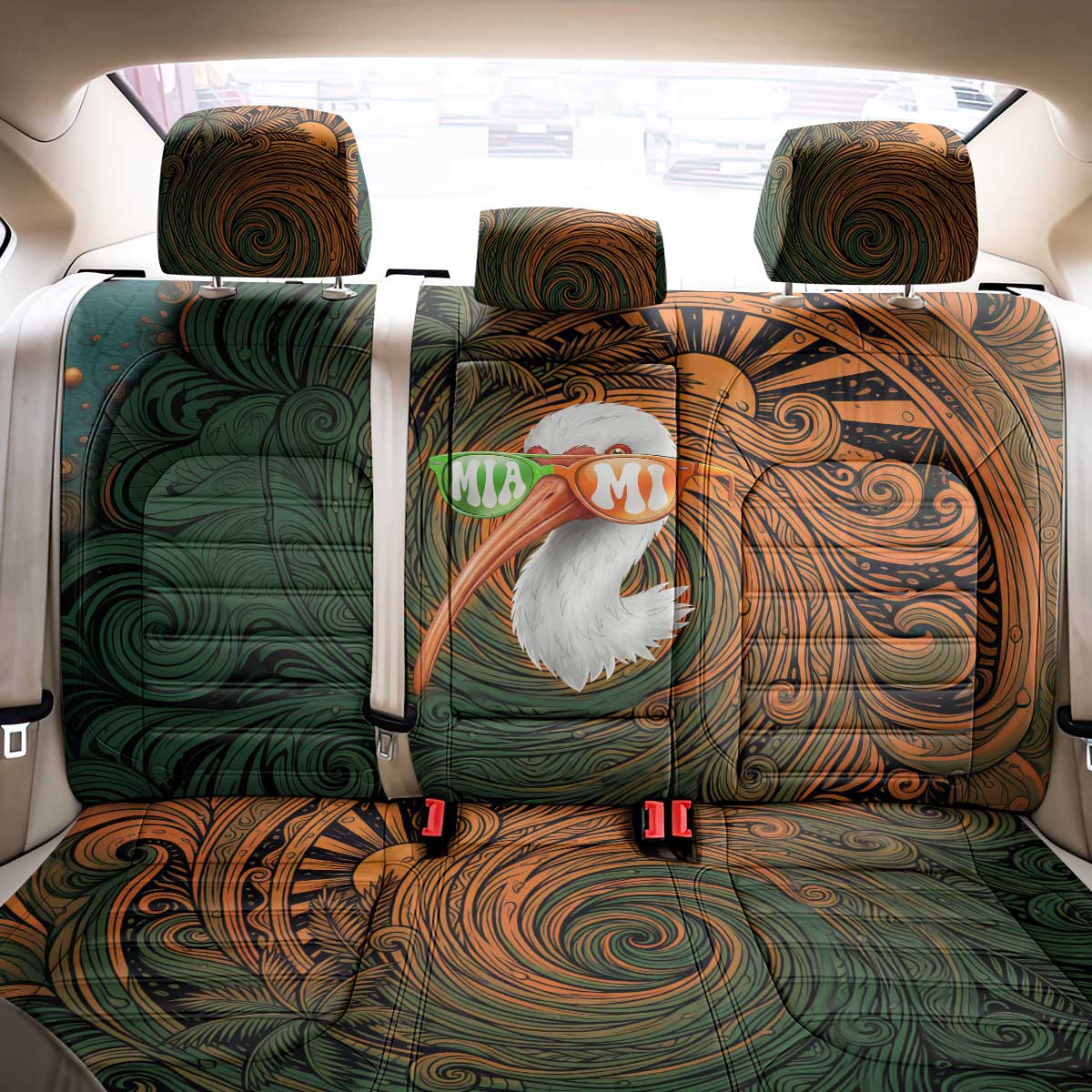 Vintage American White Ibis Back Car Seat Cover Miami Sunglasses Artistic Tribal Wave Pattern