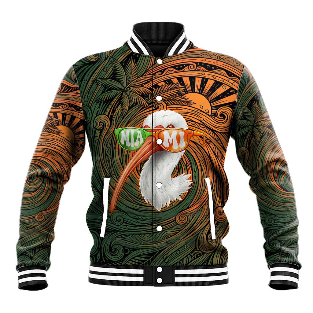 Vintage American White Ibis Baseball Jacket Miami Sunglasses Artistic Tribal Wave Pattern