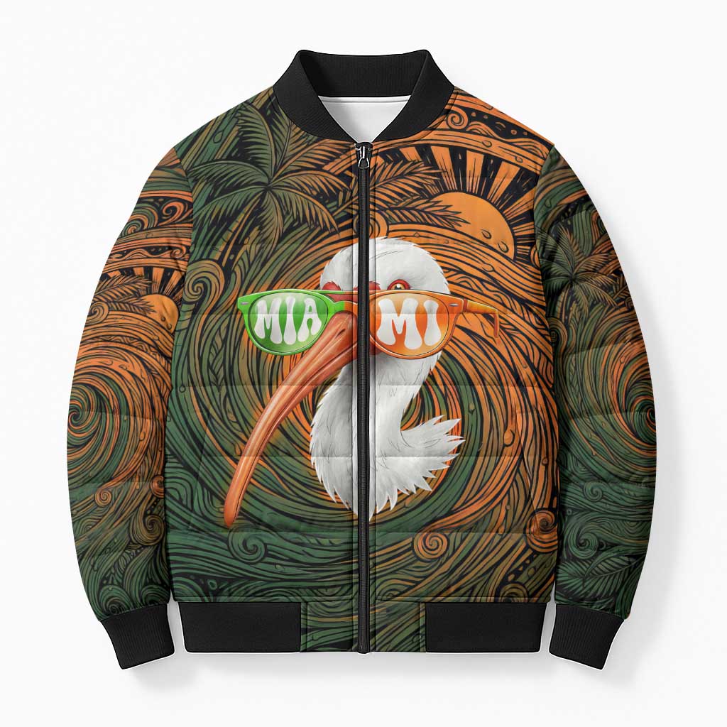 Vintage American White Ibis Bomber Puffer Jacket Miami Sunglasses Artistic Tribal Wave Pattern