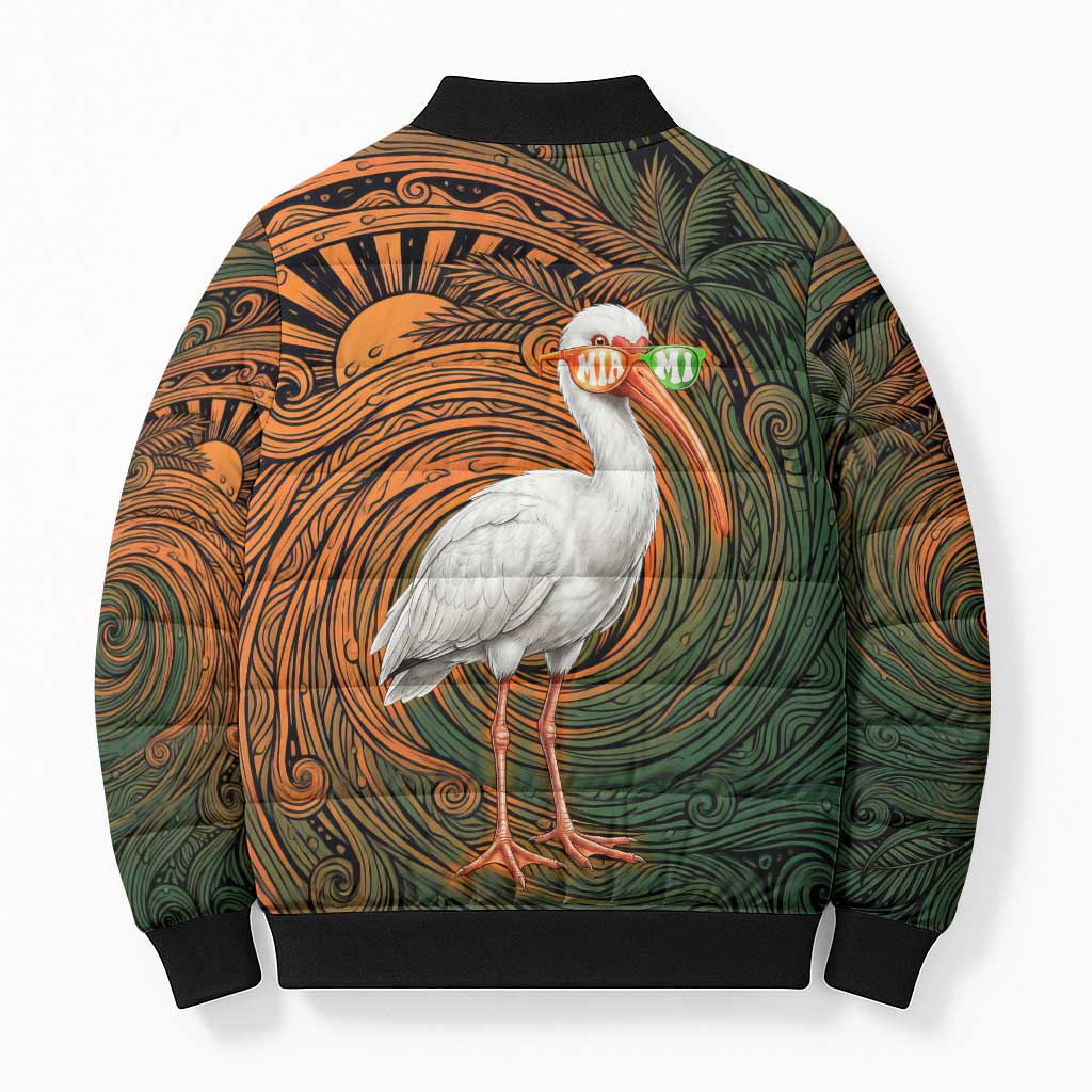 Vintage American White Ibis Bomber Puffer Jacket Miami Sunglasses Artistic Tribal Wave Pattern